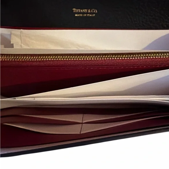NWT Tiffany & Co. T&CO Grain Leather Flap Continental Wallet - Black/Burgundy - Picture 5 of 6